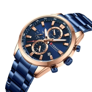 Business chronograph watch in rose gold steel with deep blue multi-function dial