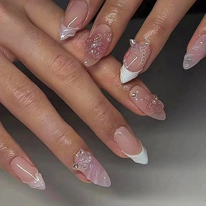 French Tip Press On Nails With 3D Flower And Butterfly Decor Almond Shape Long Artificial Fake Fingernails Luxury Women