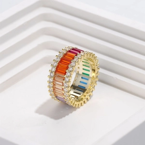 Wide 925 sterling silver gold plated ring with colorful emerald cut gemstones