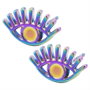 Macro view of unique eye-shaped earrings with rainbow finish and eyelash details