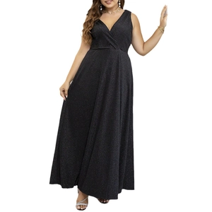Elegant plus size black sequin maxi dress with deep V-neck and sleeveless design