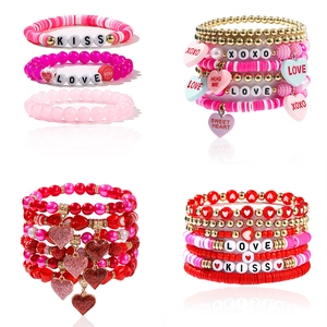 Valentine multilayer beaded bracelet set with red pink hearts and LOVE charms