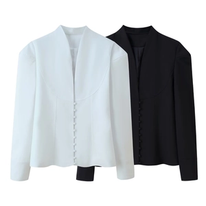 Women Elegant Collarless Blazer Jacket V Neck Slim Fit Long Sleeve Suit Fabric Multi Buttons Office Lady Outwear