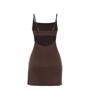 Detailed back view of a dark brown backless mini dress with delicate thin straps