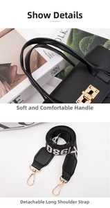 Detail of black quilted bag with gold metal clasp and detachable woven shoulder strap