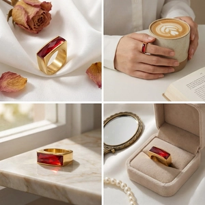 Detail view of a gold square ring with red gemstone in various lifestyle settings