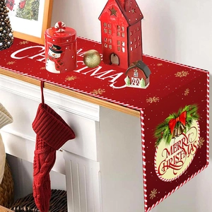 Christmas table runner with red Merry Christmas wreath and snowflakes for holiday party decor
