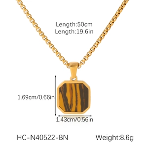 Detailed size specifications for gold chain necklace with tiger eye stone square pendant