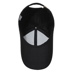 Classic black baseball cap interior view showing sweatband and adjustable metal buckle