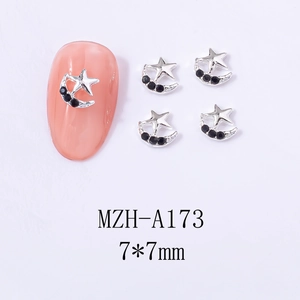 Star and moon nail charms with black rhinestones and silver alloy, 7x7mm size detail