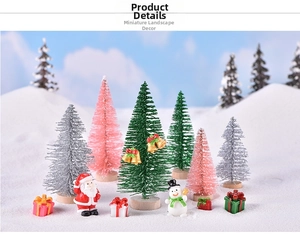 Close-up of mini sisal Christmas trees and snowman figurines for winter micro landscapes
