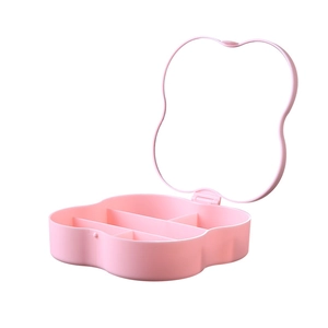 Pink cloud-shaped makeup organizer box with multi-compartment storage and open mirror lid