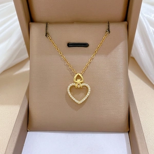 Double Heart Pendant Necklace Stainless Steel Chain Copper Zircon Inlaid Hollow Design Elegant Jewelry For Women