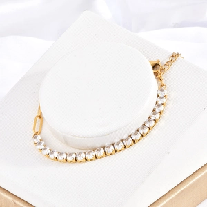 Gold stainless steel bracelet with square white zircon stones and paperclip link chain