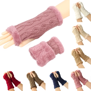 Gants Sans Doigts En Tricot Bordure Fausse Fourrure Torsadé Thermique Hiver Chaud Mitaines
