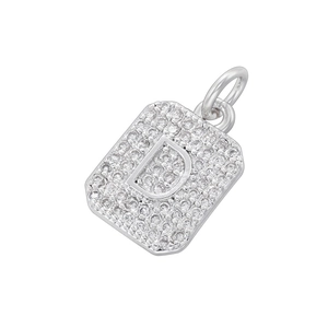 Close-up of rectangular silver letter D pendant with cubic zirconia micro-inlay