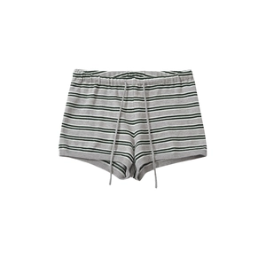 Detail of striped knit shorts with adjustable drawstring waist in grey and dark green