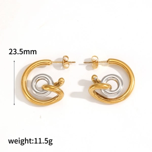 Two-tone whirlpool twisted knot earrings in gold and silver stainless steel