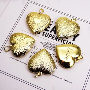 Heart Locket Pendant Copper Gold Plated Openable Engraved Love Flower Pattern Photo Charm For Women Jewelry Making