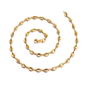 Polished gold coffee bean link chain necklace with lobster clasp for men and women