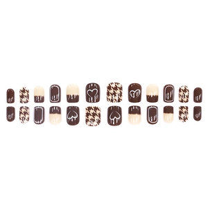 Short mocha brown heart and plaid press-on nail kit with 24 elegant matte pieces