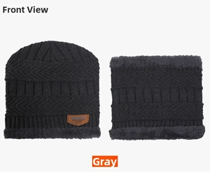 Detail of dark grey knit beanie and neck warmer set with thick fleece lining