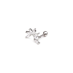 Silver stainless steel fan-shaped ear stud featuring five marquise-cut zircons on white base