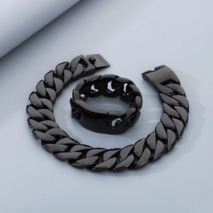 31mm black stainless steel Cuban link chain necklace and bracelet set in punk style