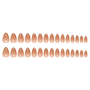 Nude pink almond press-on nails with sparkling gold glitter finish in 24 piece set