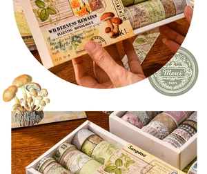 Close-up of Vintage Songdao washi tape set featuring botanical and mushroom patterns