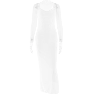 Detail of white long sleeve bodycon dress featuring elegant ruched sheer fabric texture