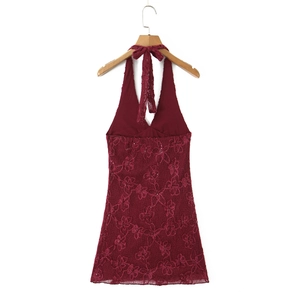 Chic burgundy halter neck mini dress with floral embroidery and sequins on mesh