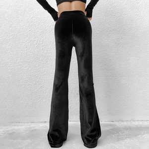 Damen Samthose mit hoher Taille in Schwarz, schmal geschnittene Schlaghose mit Glanz