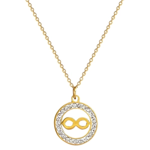 Gold titanium steel necklace with a crystal-encrusted infinity circle pendant