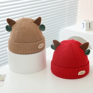 Winter knitted baby hat with cute horns and ears, thick warm ribbed beanie in red and khaki