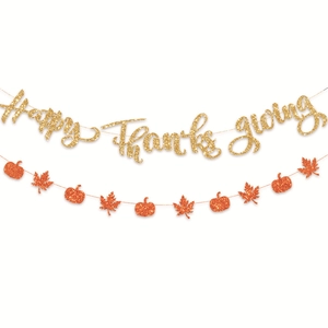 Glittery gold Happy Thanksgiving banner with orange pumpkin and maple leaf garlands