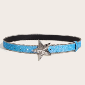 Blue glitter belt with silver star buckle for jeans featuring a shimmering sequin finish