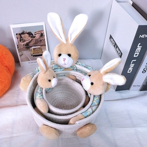 Three-piece nested set of rabbit woven cotton rope storage baskets in varied sizes