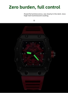Luminous green hands and red 3D samurai mask on a tonneau sport watch dial