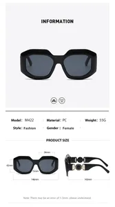 Detailed size guide for M422 fashion sunglasses showing lens and frame dimensions