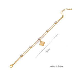 Detail of gold double chain bracelet with pearls and flower charm including 16+4cm size info