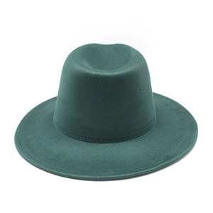 Detailed close-up of dark green felt fedora hat featuring classic pinched crown design