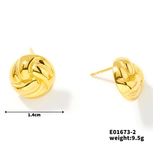 Detail view of gold woven texture spherical stud earrings with 1.4cm diameter specs