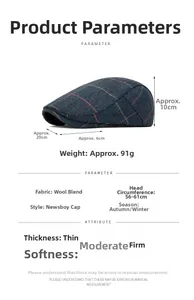Detailed size chart and material specs for wool blend tweed newsboy flat cap