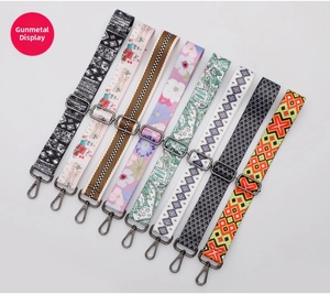 Detail view of adjustable ethnic canvas straps with gunmetal hardware in various patterns