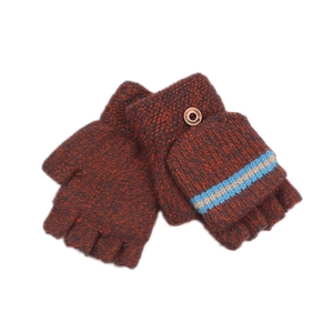 Winter knitted convertible gloves with flip-top design and blue stripes in brown yarn