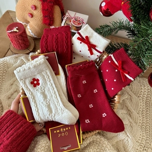 Women Christmas Socks Red White Cable Knit Bow Embroidered Polka Dot Crew Socks Holiday Festive Gift Mid-Calf Hosiery