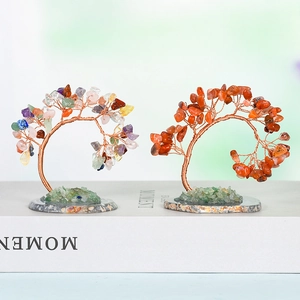 Artisan crystal money trees with colorful gems and agate base on polished stand