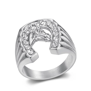 Hip hop style silver stainless steel horse head ring with sparkling cubic zirconia crystals