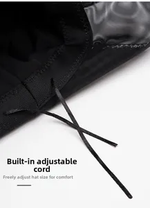 Close-up of the internal adjustable drawstring inside the black wide-brim sun hat